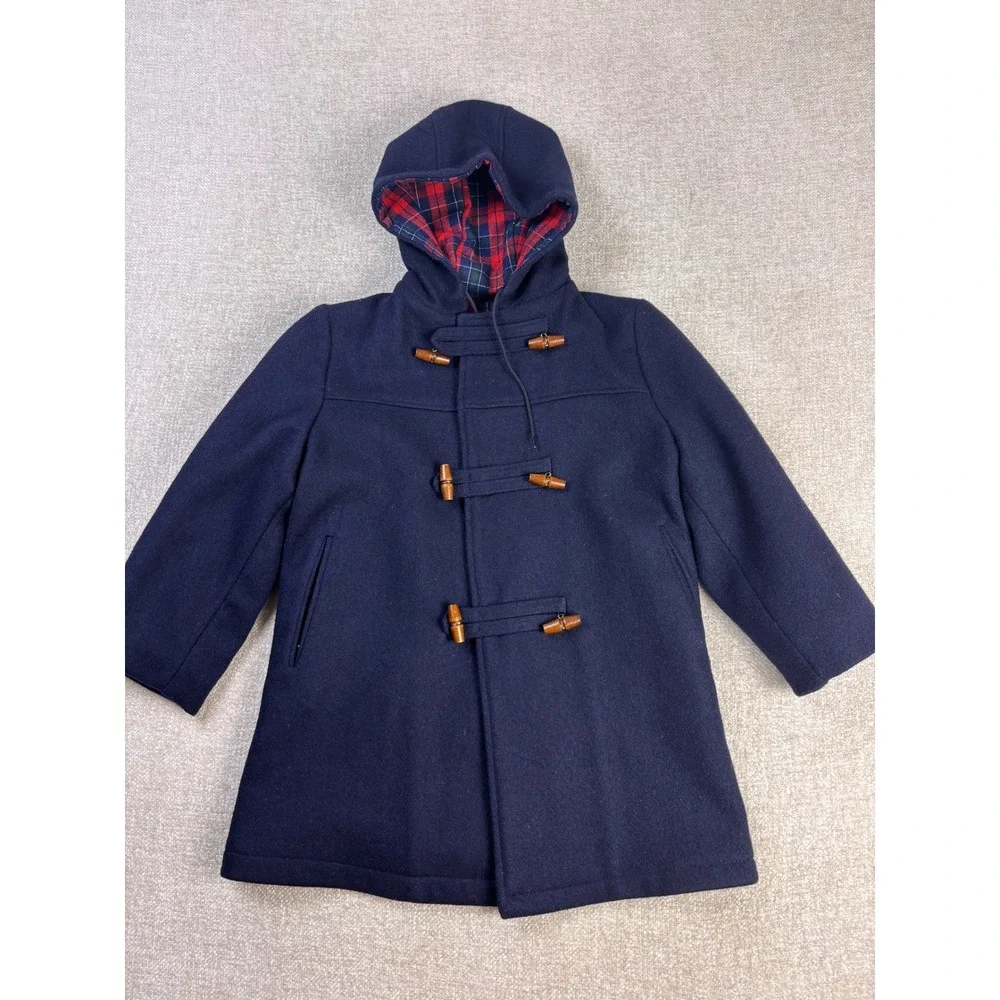 Imp Originals Kids Navy Blue Wool Duffle Coat Plaid Lined Toggle Size 8 USA Made